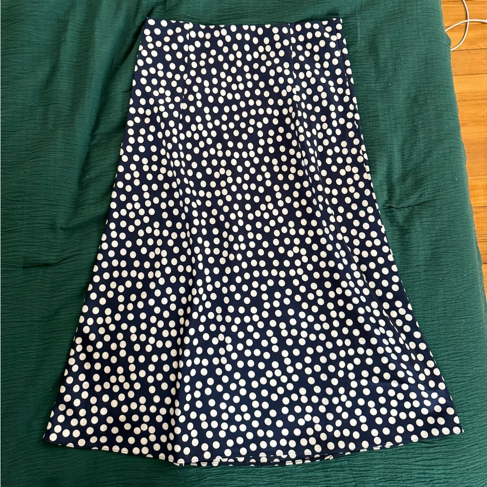 J. Crew Navy and White A-Line Polka Dot Skirt, Midi, size M